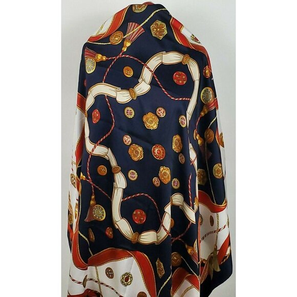 Italian Blue Framed Scarf Wrap Medallions Tassels 44" Square Vintage Polyester - Picture 5 of 11